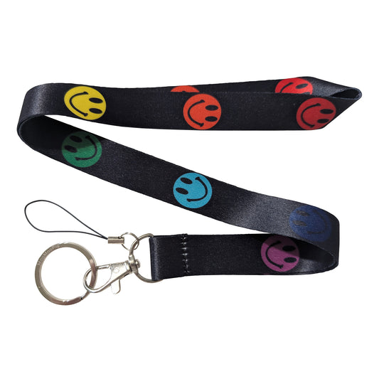 Smiley Face Rainbow Black Keychain Lanyard